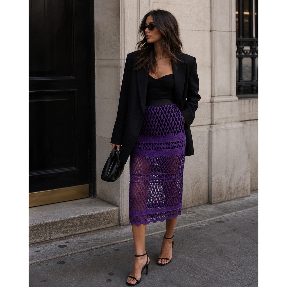 Self-Portrait Cutwork Lace Midi Pencil Skirt NWT Purple‎ Black Size 0